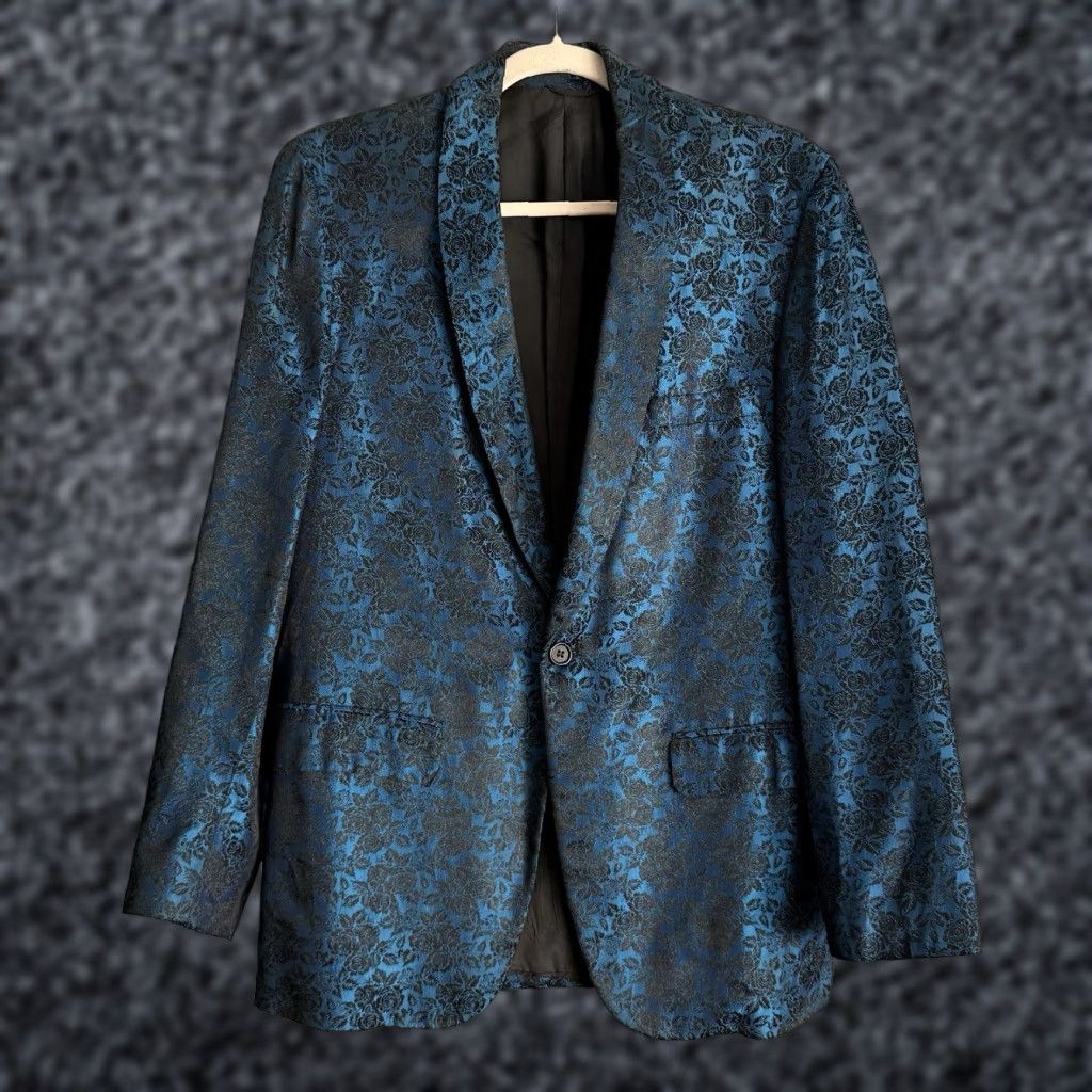 Vintage VINTAGE 60’s Blue Black Floral Jacquard Tuxedo Blazer Jacket 40” Chest Size 40R - 1 Thumbnail