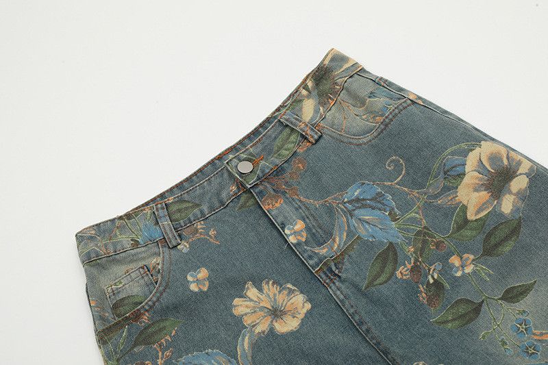 Japanese Brand American Retro Distressed Floral Print Loose-Fit Jeans Size US 32 / EU 48 - 5 Thumbnail