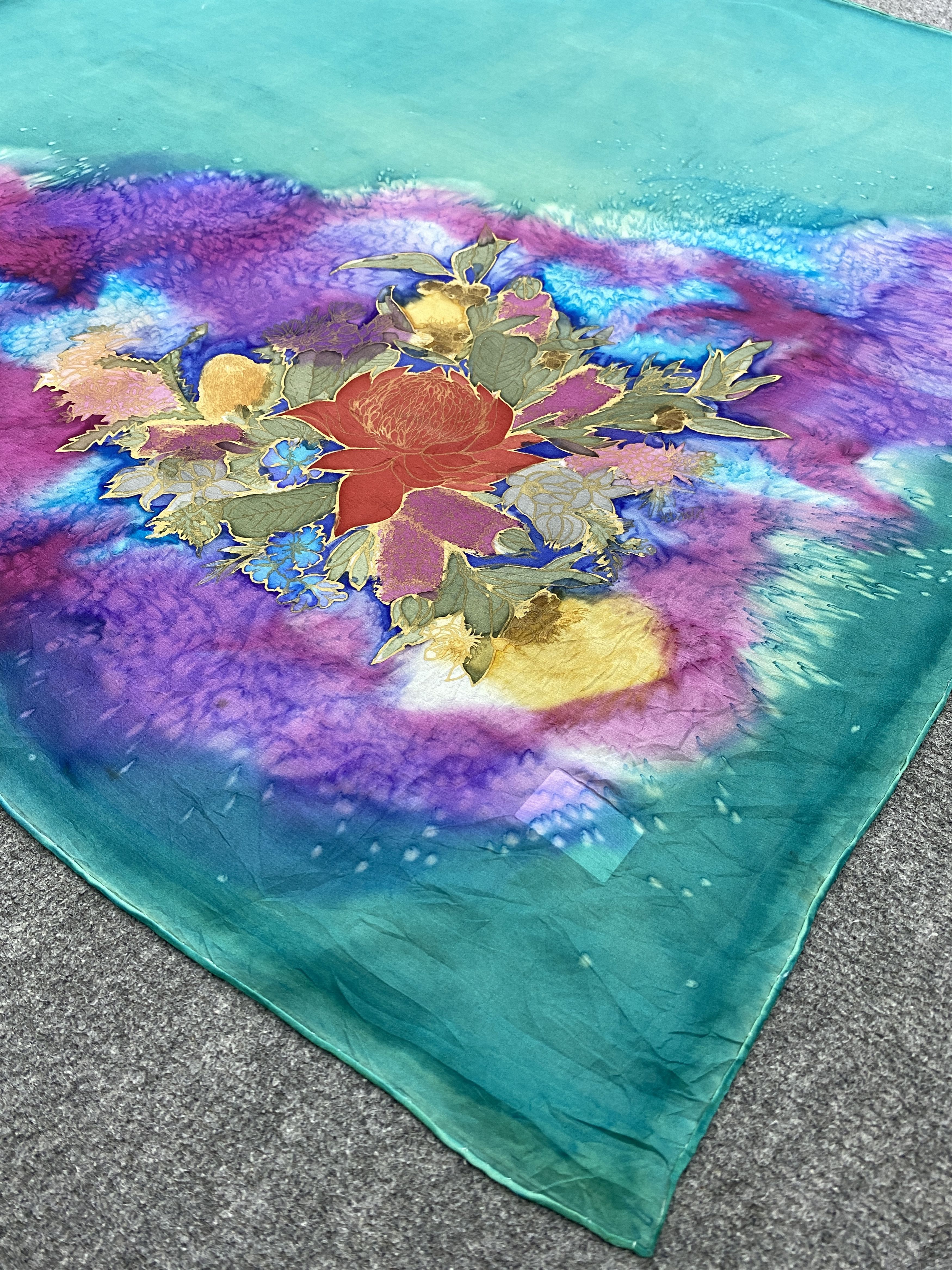 Vintage Flower Design Silk Scarf / Muffler / Silk Shawl SN0070 Size ONE SIZE - 4 Thumbnail