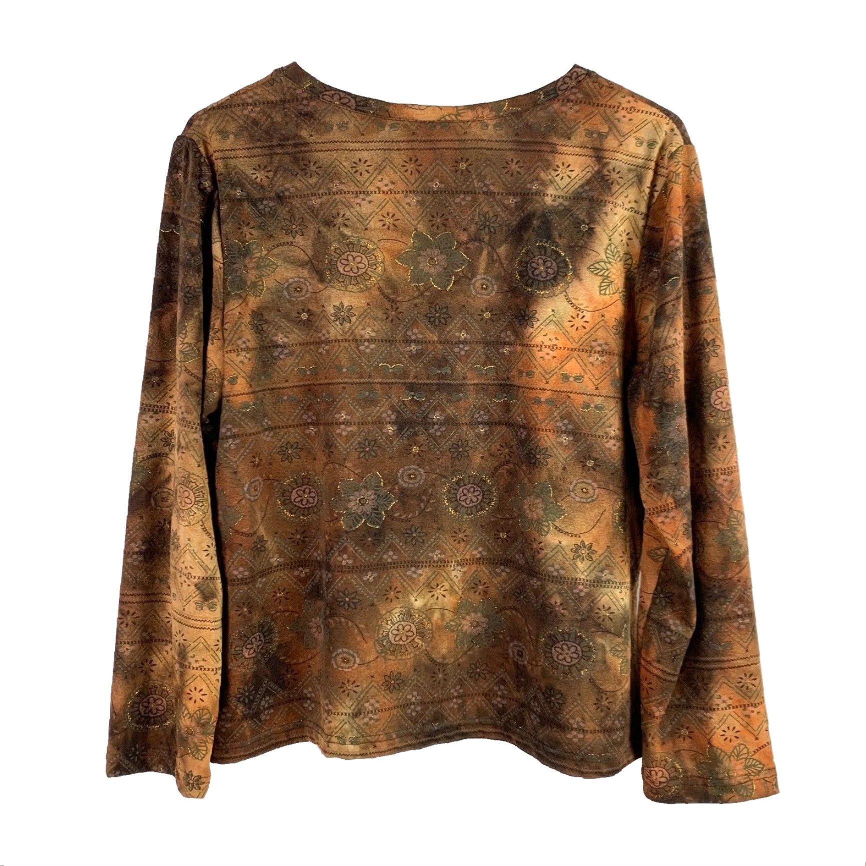 Vintage Y2K 90s Allure Stretchy Tie Dye Floral Long Sleeve Tee Shirt L Womens Brown T-Shirt Size L / US 10 / IT 46 - 4 Thumbnail