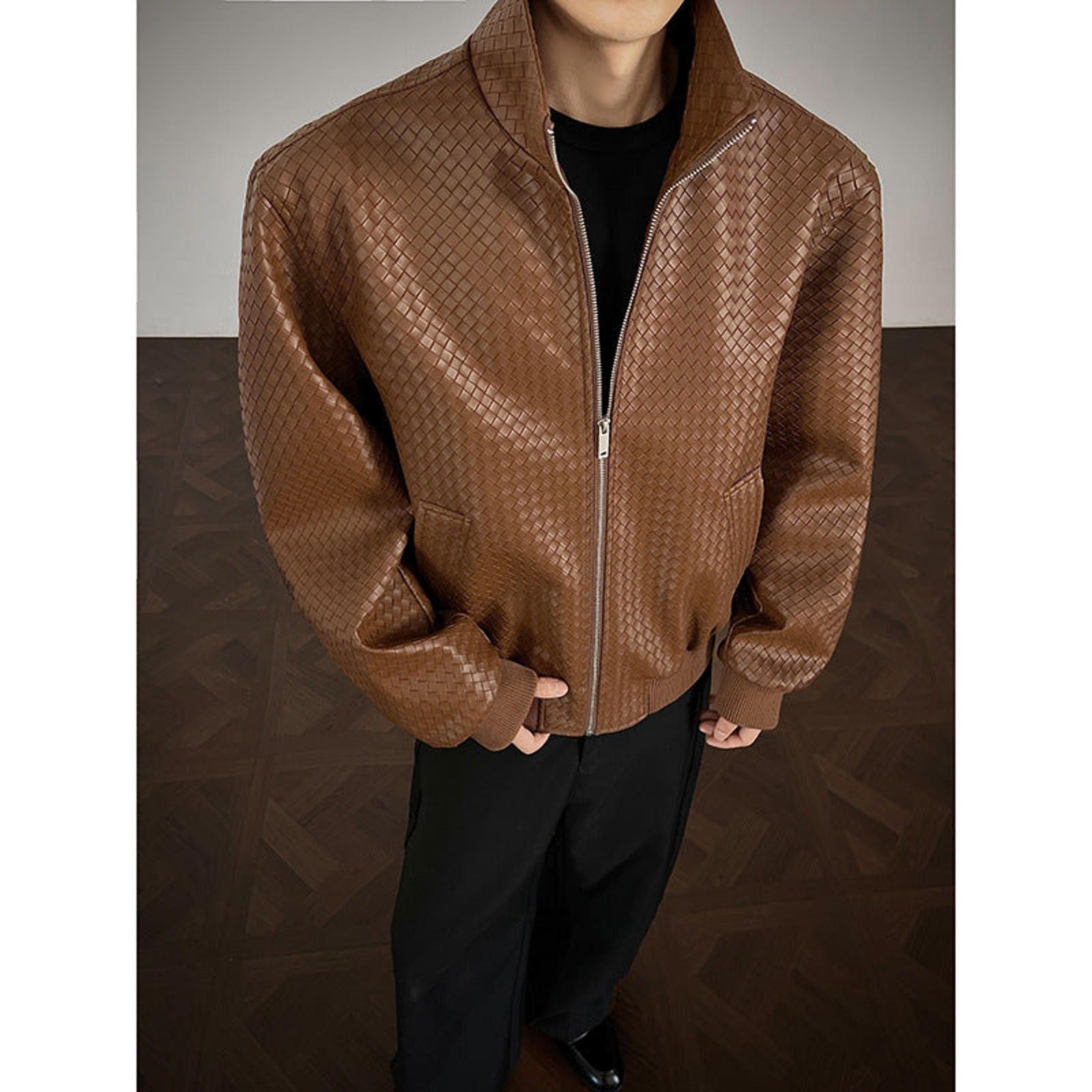 Woven Pattern Leather Jackets Zip-Up Fit