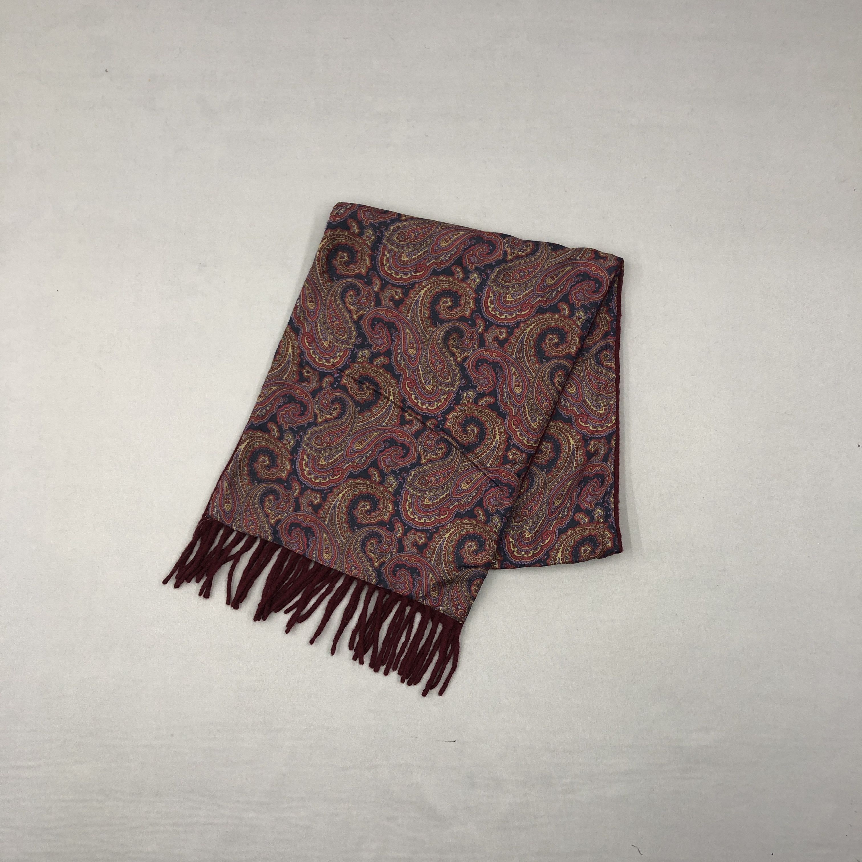 Japanese Brand Vintage Paisley Scarf SILK Muffler Wool Fringe Winter Scarve Size ONE SIZE - 3 Thumbnail
