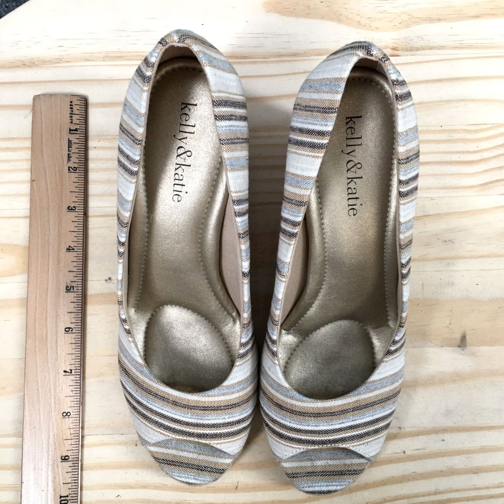 Vintage Kelly & Katie Sandal Womens 7 Brown Peep Toe Slip On Wedge Heels Casual Canvas Shoes Size US 7 / IT 37 - 5 Thumbnail