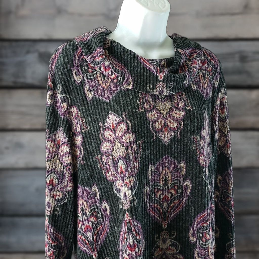 Vintage Chicos Zenergy Womens Blouse Shirt long sleeve L Gray Purple Ribbed Cowl Neck Pullover Size L / US 10 / IT 46 - 1 Thumbnail
