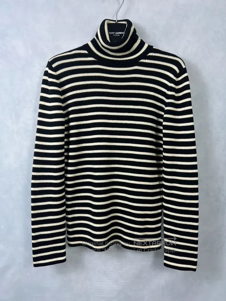 Saint Laurent Paris Black and White Striped Turtleneck Swe