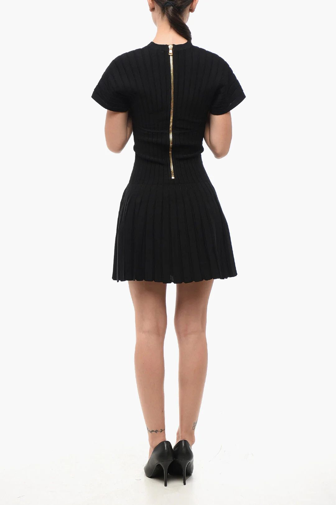 Balmain og1mm0326 Pleated Short-Sleeve Dress in Black Size M / US 6-8 / IT 42-44 - 2 Thumbnail