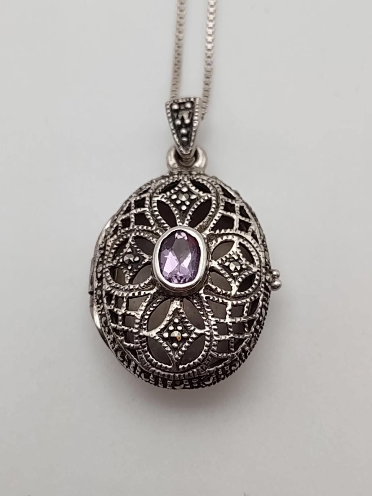 The Unbranded Brand Sterling Silver Locket Amethyst Style Stone 925 24” Chain Size ONE SIZE - 1 Thumbnail