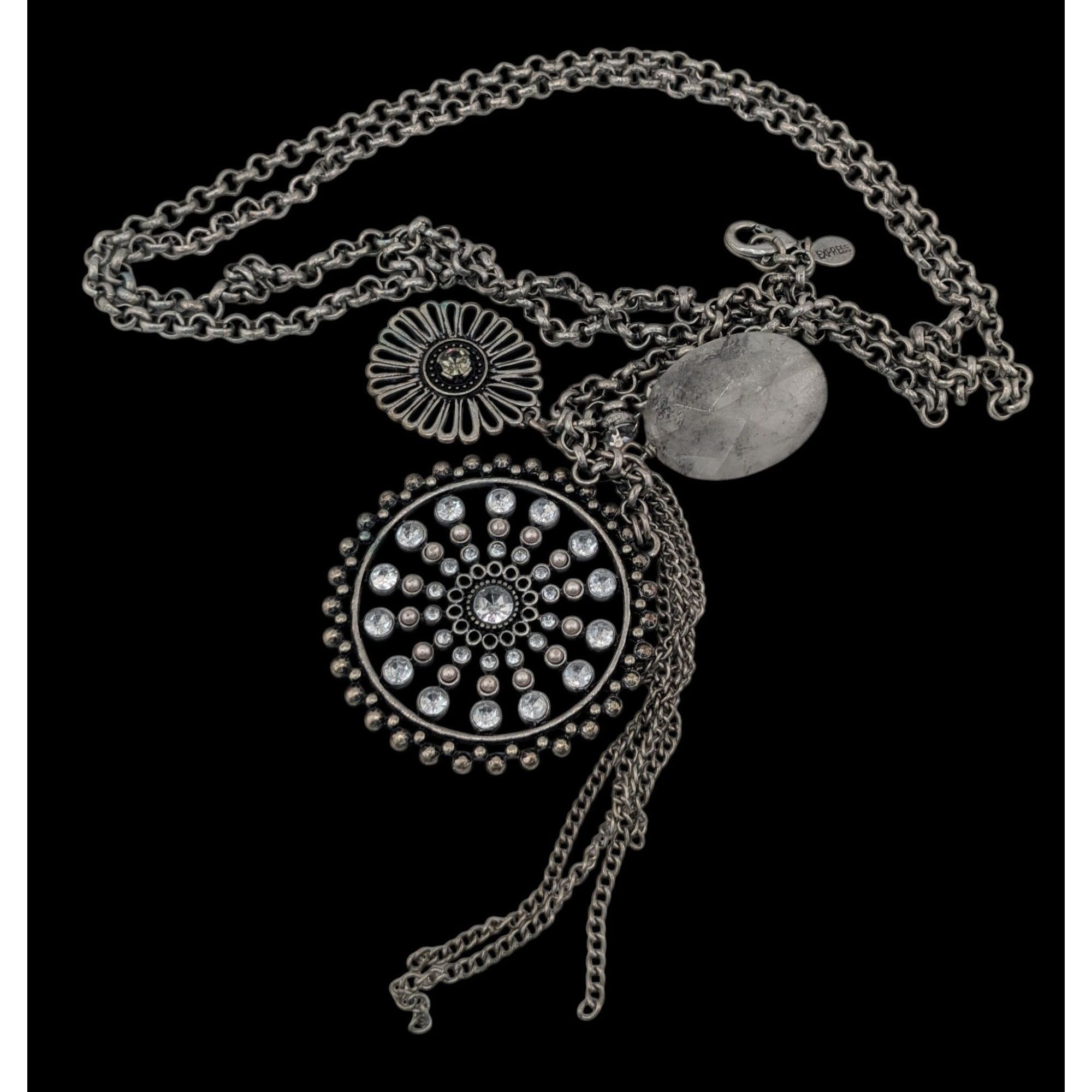 Express Express Y2K Glam Medallion Long Silver-Tone Layered Pendant Size ONE SIZE - 1 Thumbnail