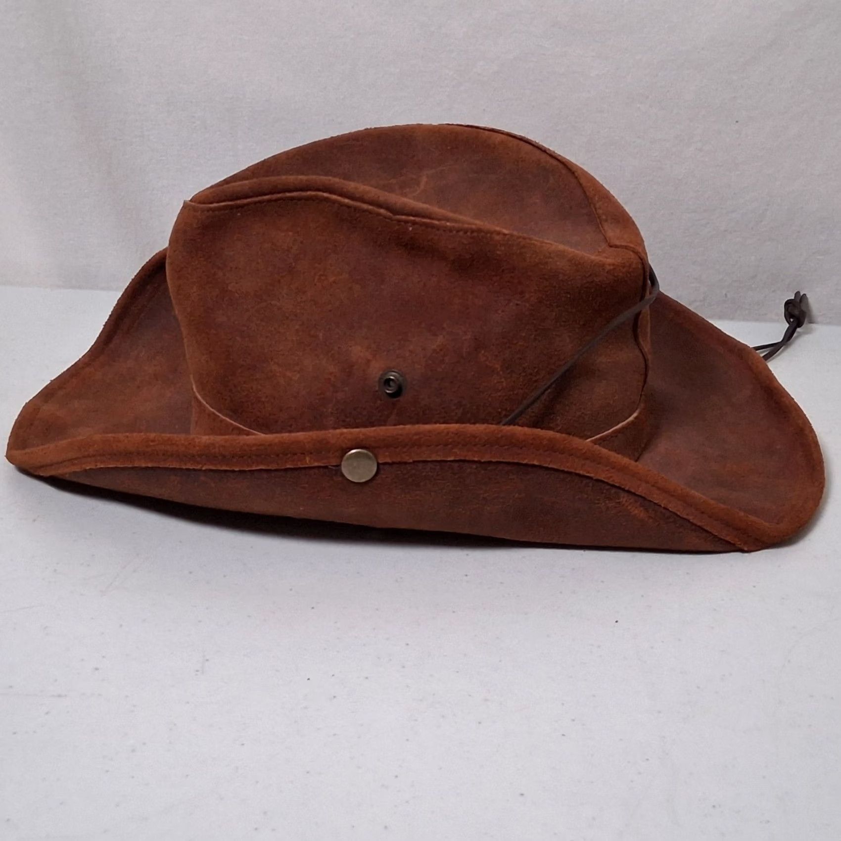 Minnetonka VINTAGE Minnetonka The Aussie Hat Leather Hat Small Brown Men S Brown Leather Strap Snap Western Ranch Boho Outback Australian Cowboy Western Hat - Size ONE SIZE - 3 Thumbnail