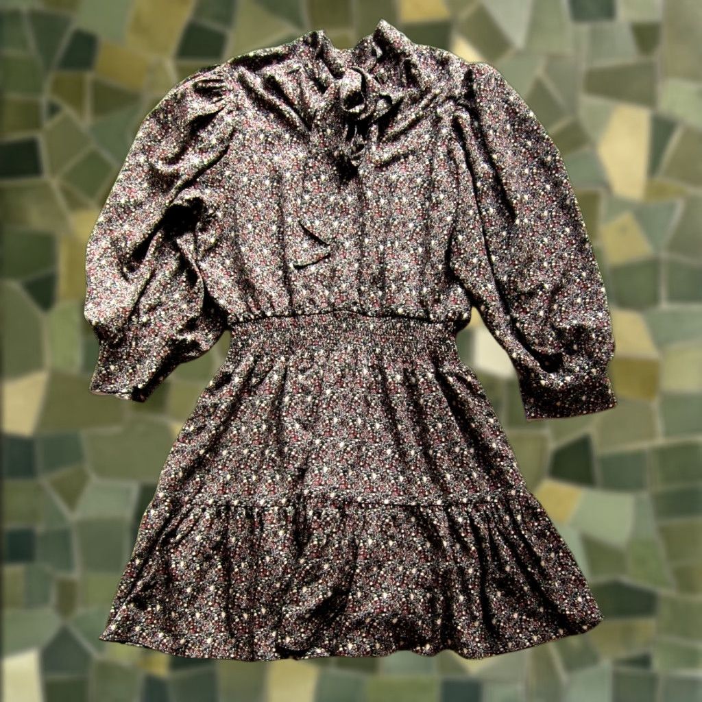 Vintage Living My Best Style Pink Lily Black Brown Pink Floral High Neck Smock Dress L Shirt Dress Women Size L / US 10 / IT 46 - 1 Thumbnail