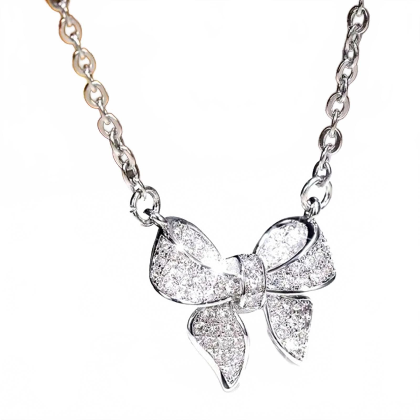Designer Diamond CZ Bow Knot Necklace Silver Finish NWT Size ONE SIZE - 1 Thumbnail