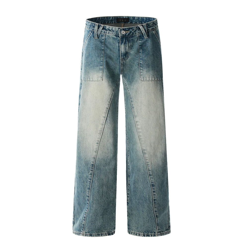 Men's punk distressed loose straight stitching washed jeans