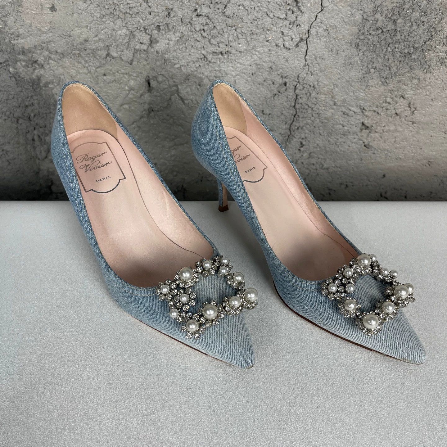 Roger Vivier RV Crystal Buckle Denim Pointed-Toe Women's Heels Size US 6 / IT 36 - 1 Thumbnail