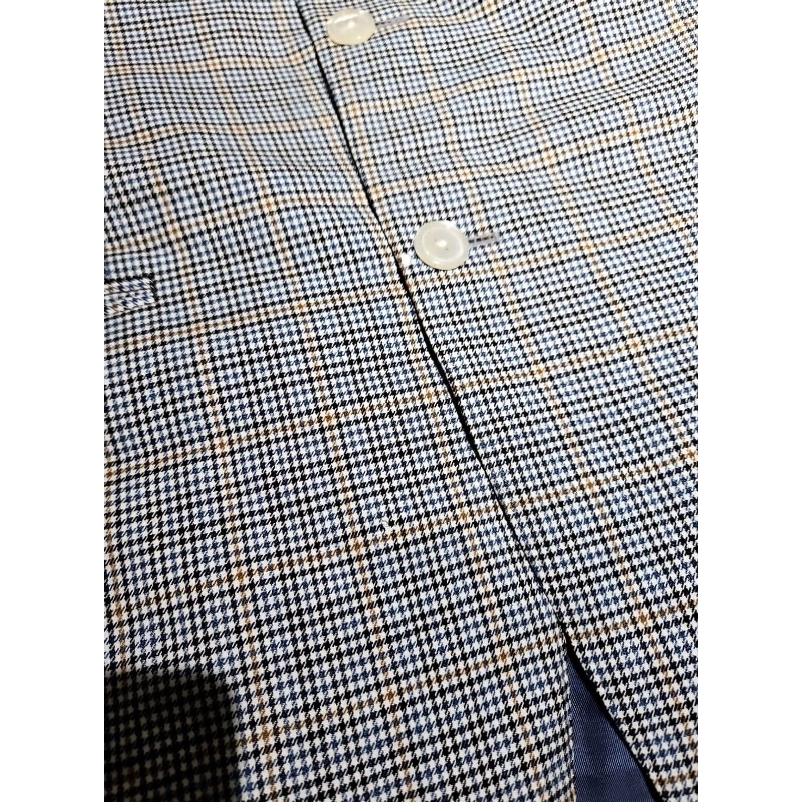 Vintage Samuelsohn Blazer 44 Tan Brown Houndstooth Blue Windowpane Wool Sport Coat Jacket - Three Button Notch Lapel Regular Fit Mens BLAZER Size 44R - 4 Thumbnail