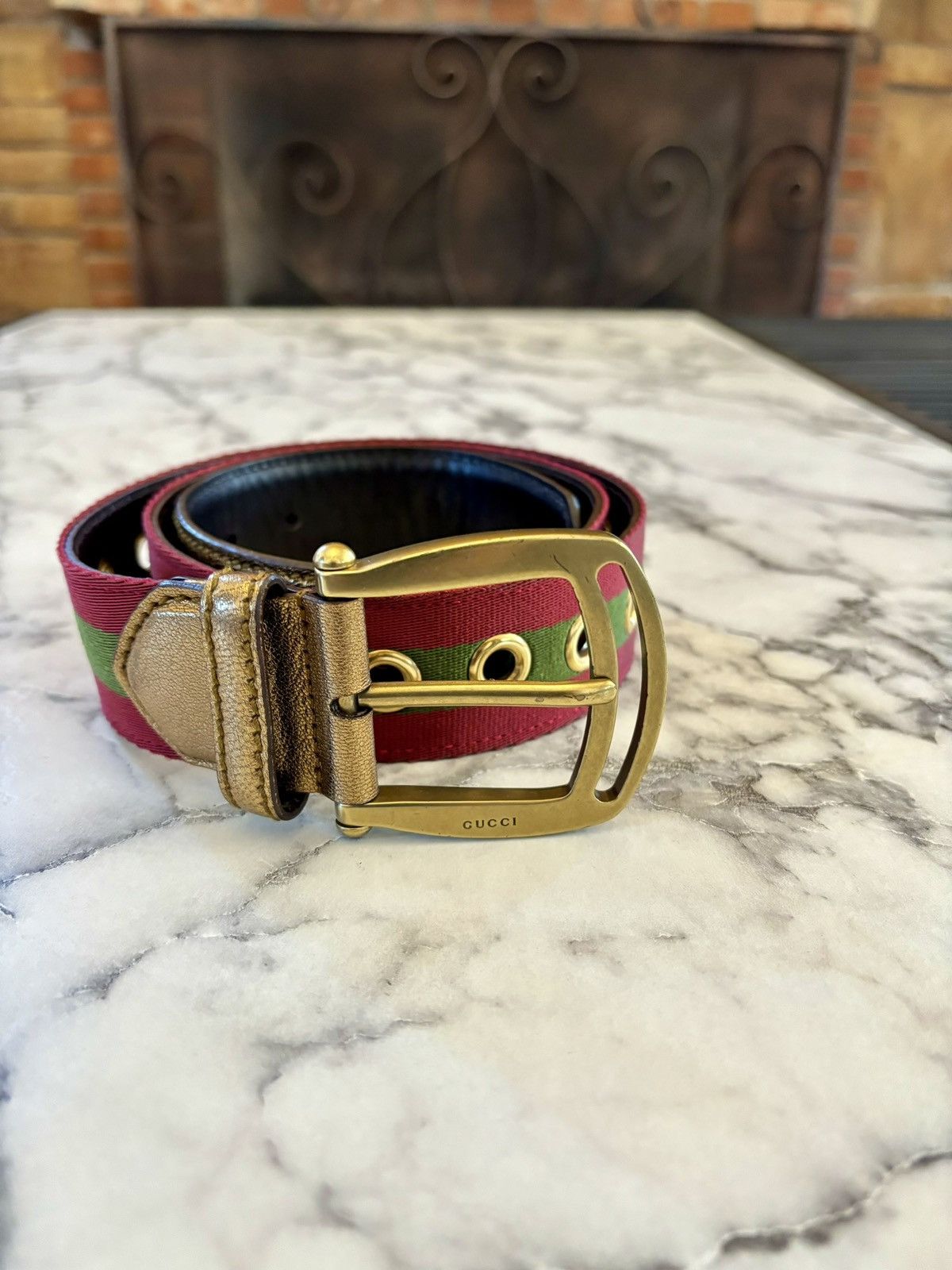 Gucci Rare Gucci Gold Leather and Canvas Web Grommet Buckle Size ONE SIZE - 1 Thumbnail