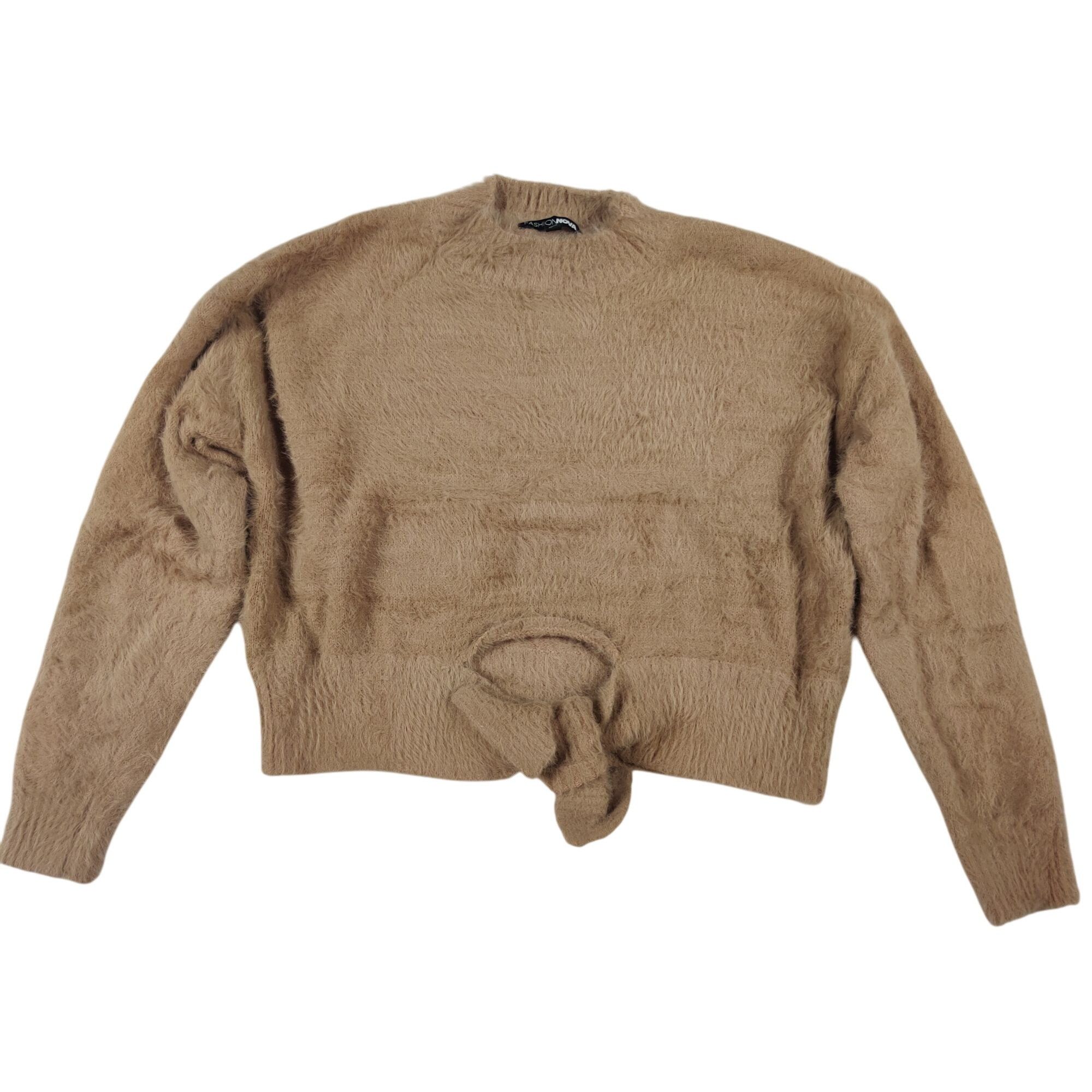 Fashion Nova Fashion Nova Fuzzy Mock Neck Crop Sweater S Tan Tie Front Mi Size S / US 4 / IT 40 - 1 Thumbnail