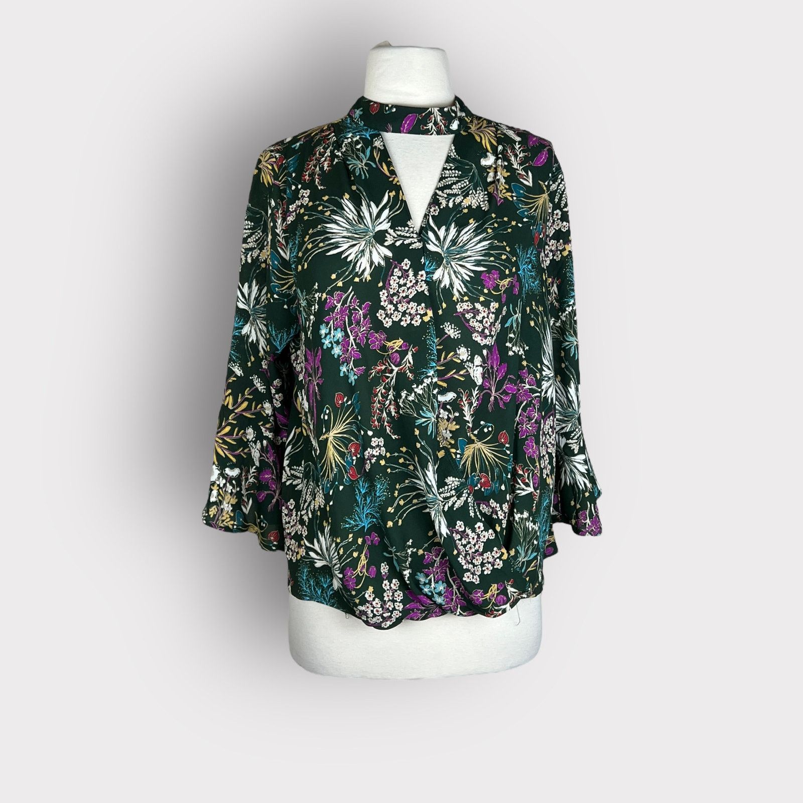 Nordstrom Monteau Green Floral Bell Sleeve Wrap Top | Large Size L / US 10 / IT 46 - 6 Thumbnail
