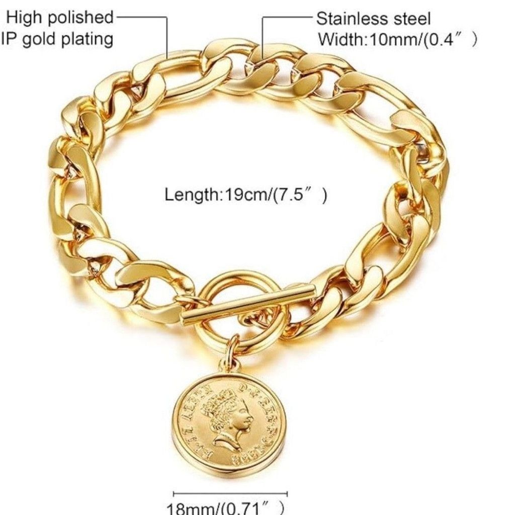 Other Cuban Link Chain Coin Bracelet Womens Gold Vintage Inspired Size ONE SIZE - 5 Thumbnail