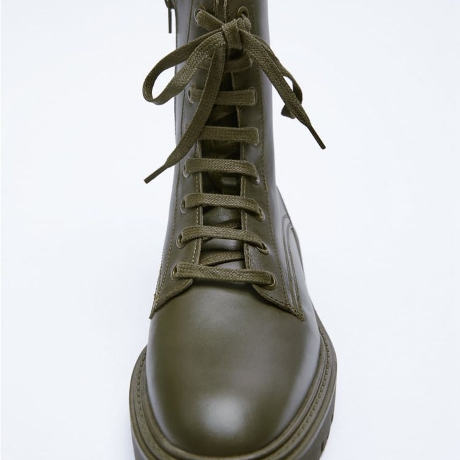 Zara ZARA LOW HEEL LACED LEATHER ANKLE BOOTS KHAKI GREEN Size US 6.5 / IT 36.5 - 4 Thumbnail