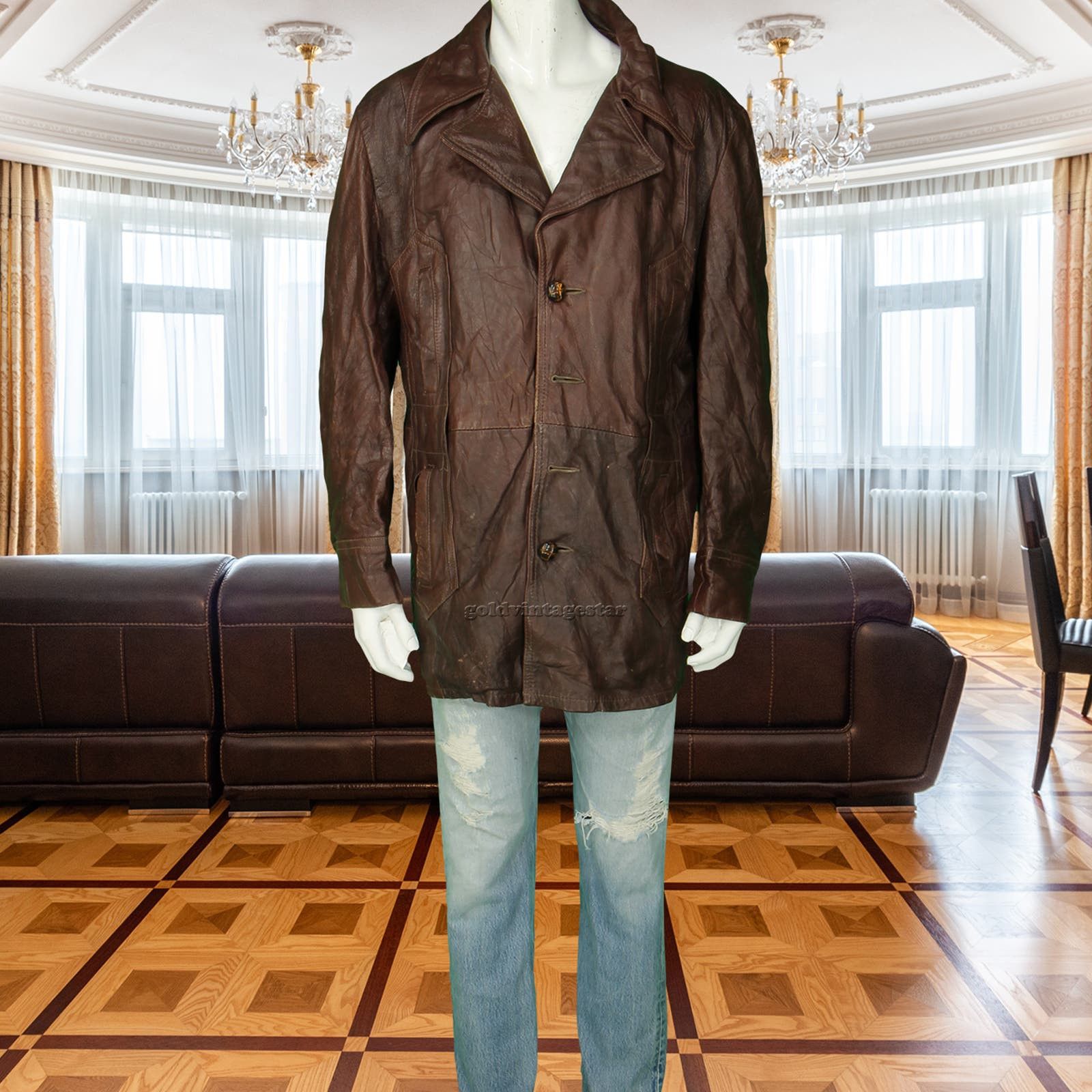 image of Vintage Schott Leather Coat Fleece Lined Biker XL in Brown, Men's