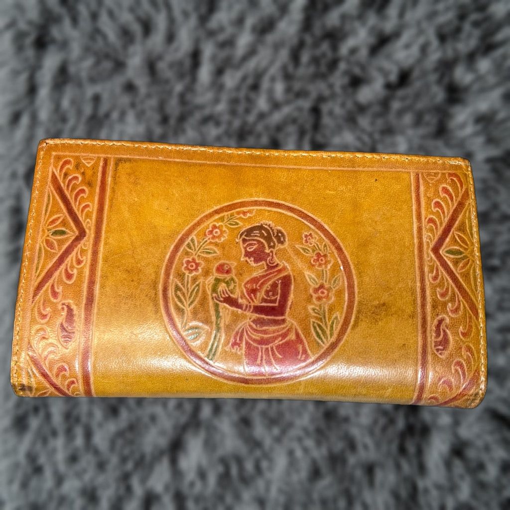 VINTAGE Lamb Skin Wallet Hindu Women Bird Coin Pouch Wallets One Size Multicolor Leather Coin Purse Credit Card Slots 1960s 1970s Women
