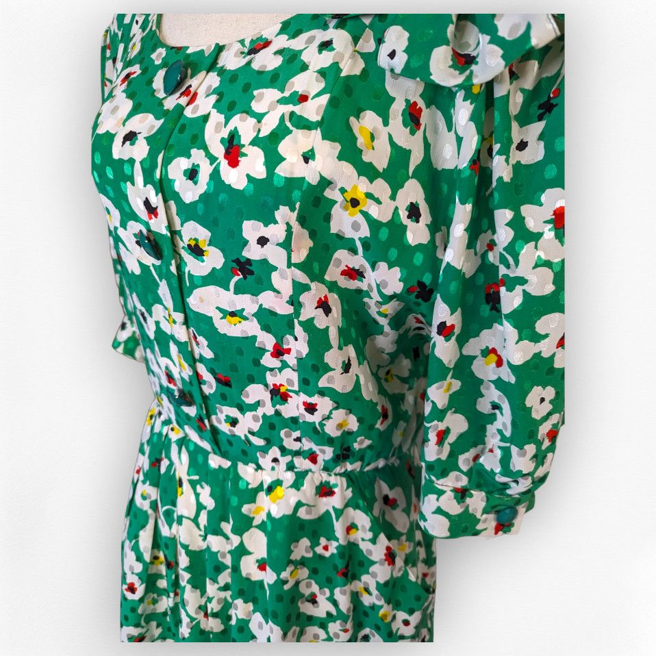 Nina Ricci × Vintage Vintage 80s kelly green floral silk dress sz FR 46 US 12 Size XL / US 12-14 / IT 48-50 - 6 Thumbnail