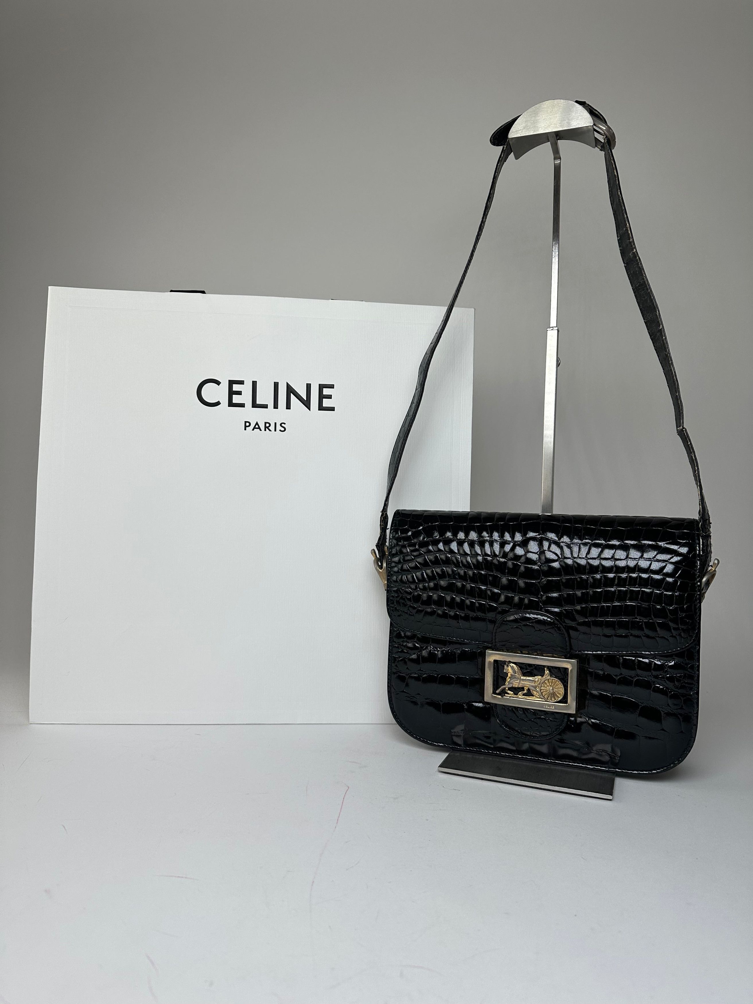 Celine Vintage Croc-Embossed Leather Shoulder Bag Black Size ONE SIZE - 1 Thumbnail
