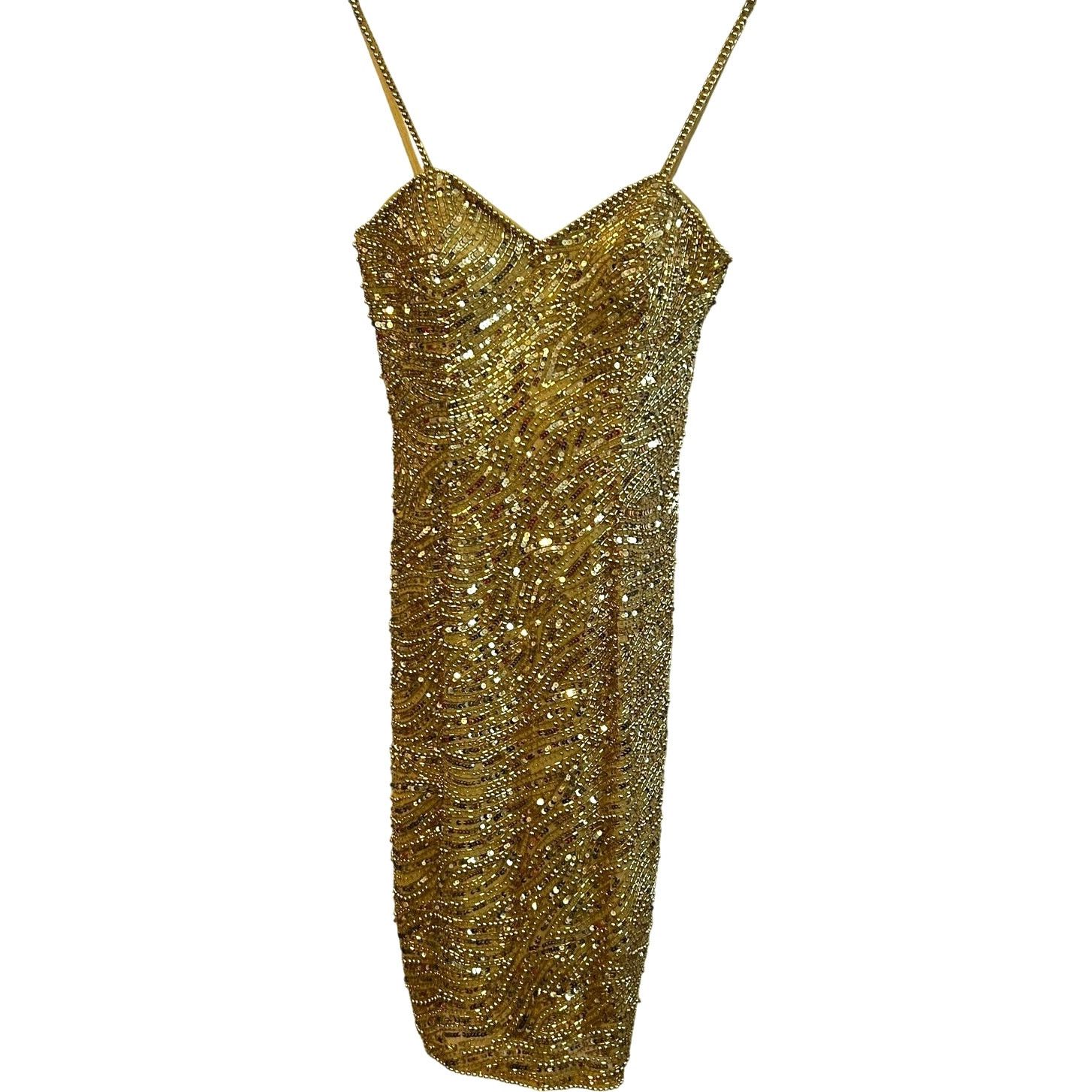 VTG Nite Line AJ Bari Gold Beaded Silk Dress Sweetheart