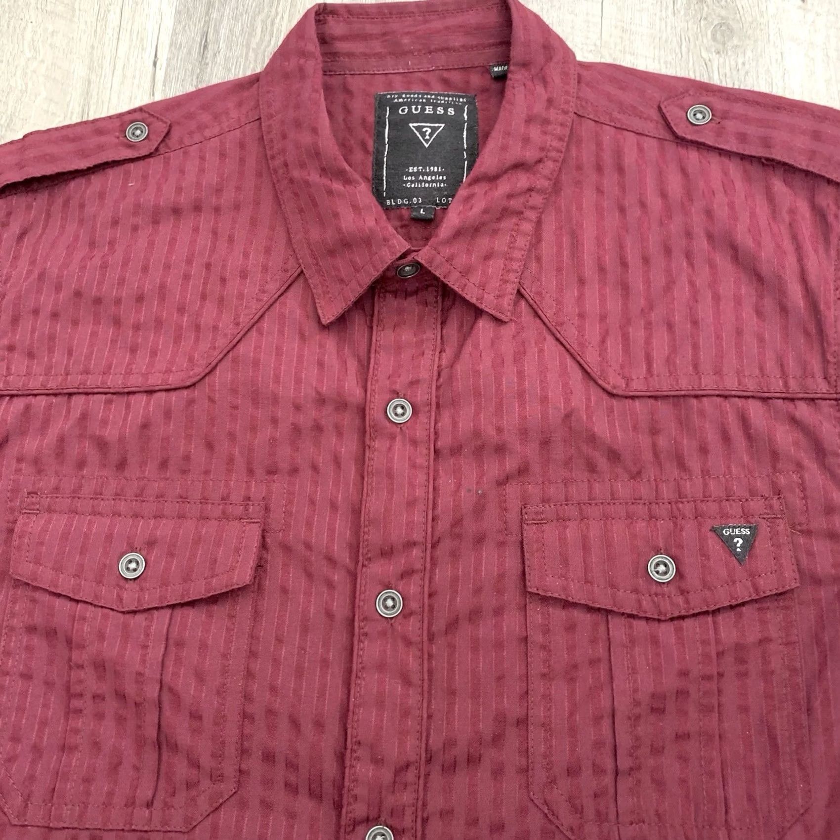 Guess GUESS Shirt Mens Large Wine Red Military Button Up Pockets Long Sleeve Collared Casual Travel Size US L / EU 52-54 / 3 - 8 Thumbnail