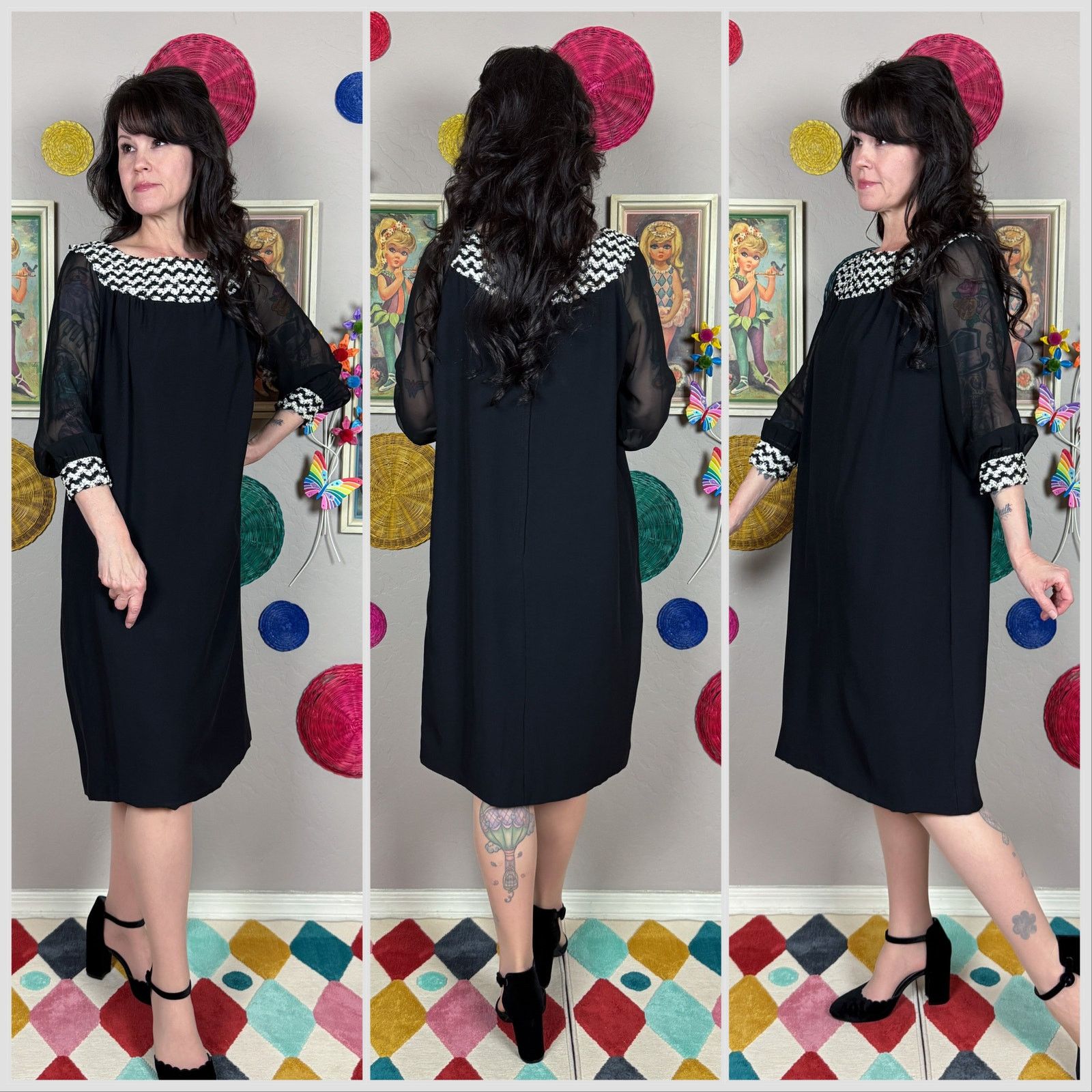 Vintage Vintage Black Soutache Shift Dress With Chiffon Sleeves Size M / US 6-8 / IT 42-44 - 2 Thumbnail