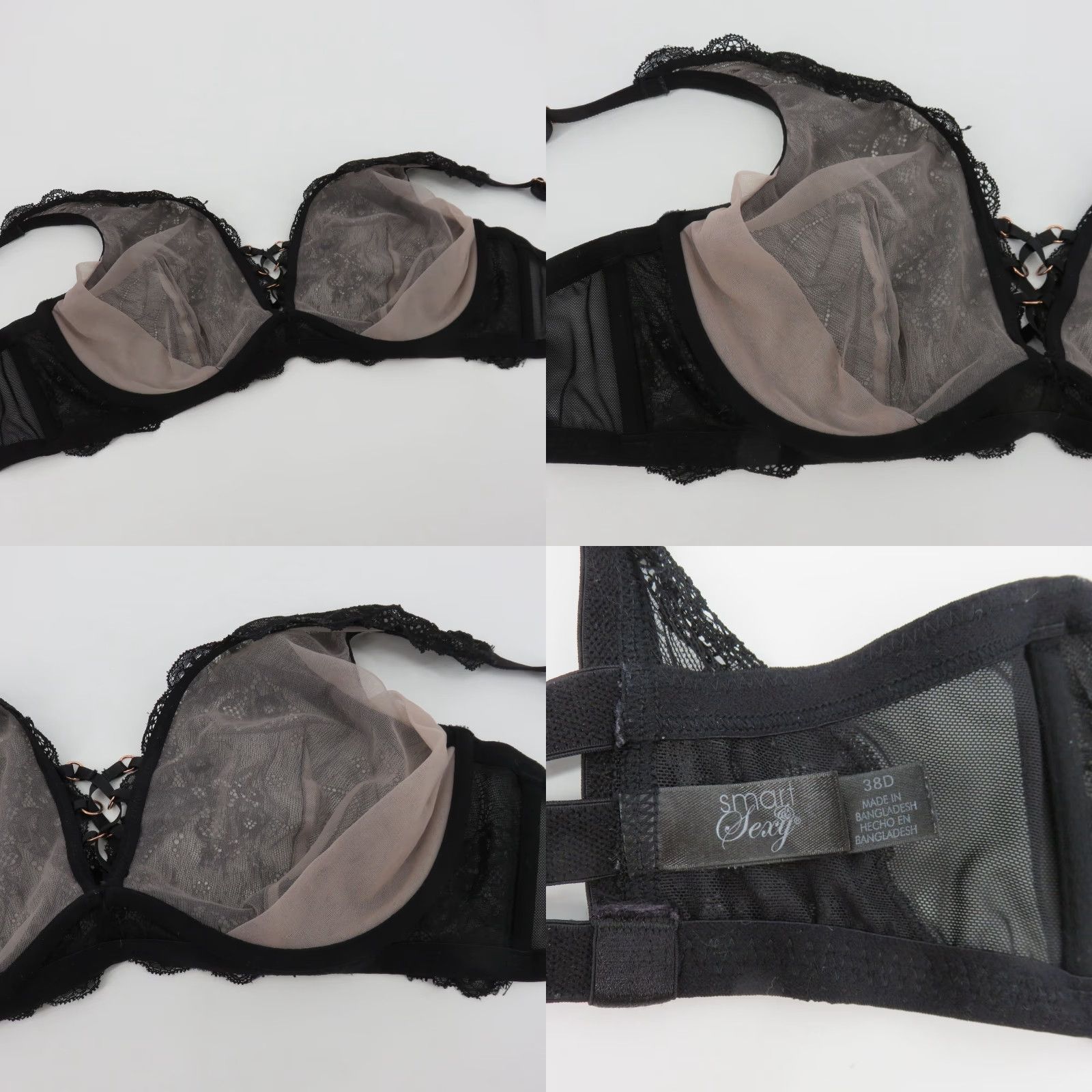 Vintage Smart & Sexy Bra 38D SA1225 Black Floral Flower Lace Underwire Unlined Lace Up Size ONE SIZE - 8 Thumbnail
