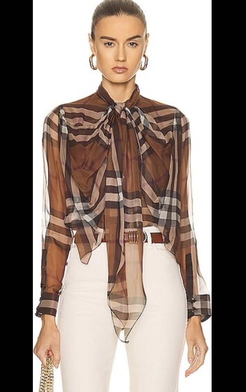 image of Burberry Plaid Silk Shirt in Beige, Women's (Size XS)