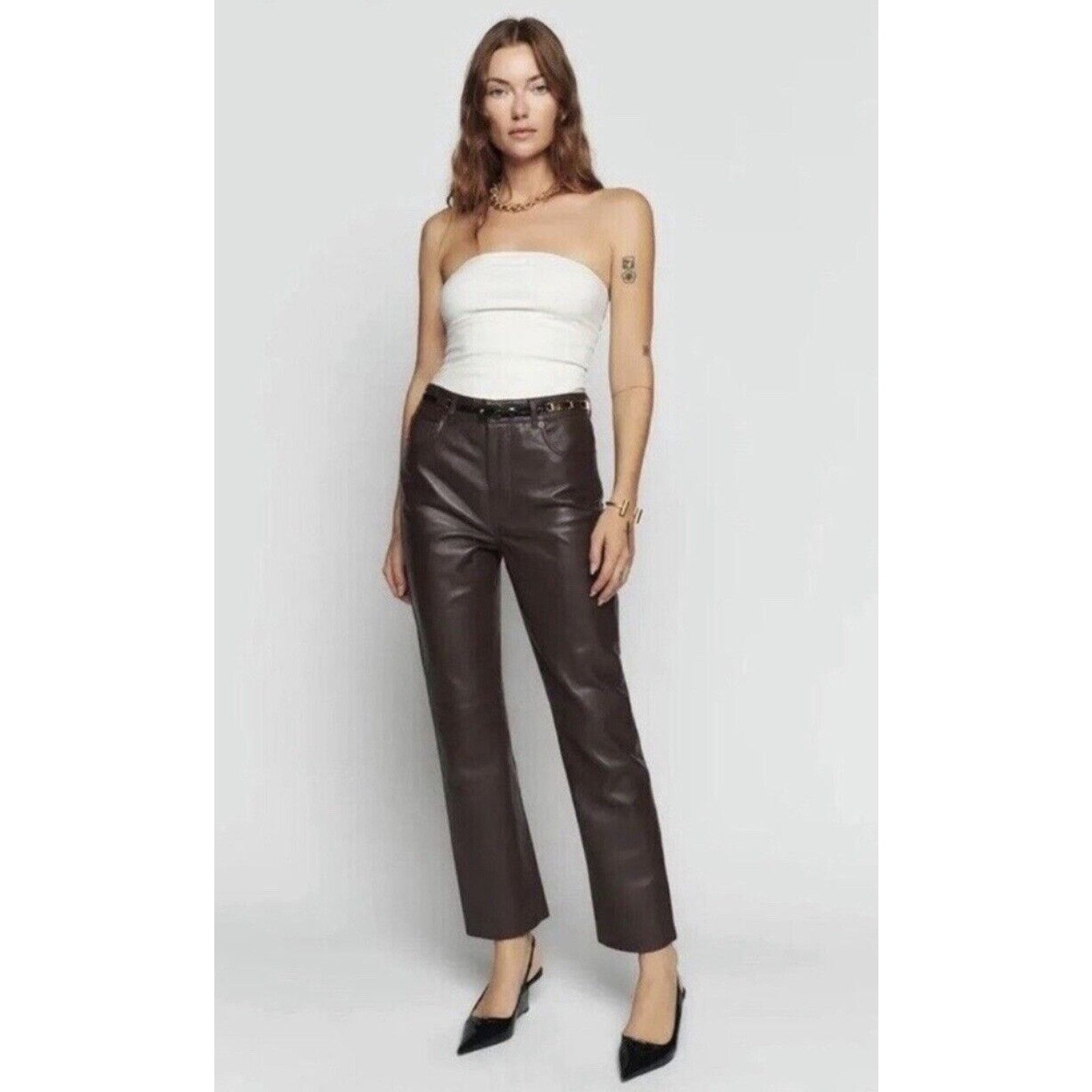 image of Reformation X Veda Cynthia Genuine Leather Pant Brown 10, Women's (Size 32)