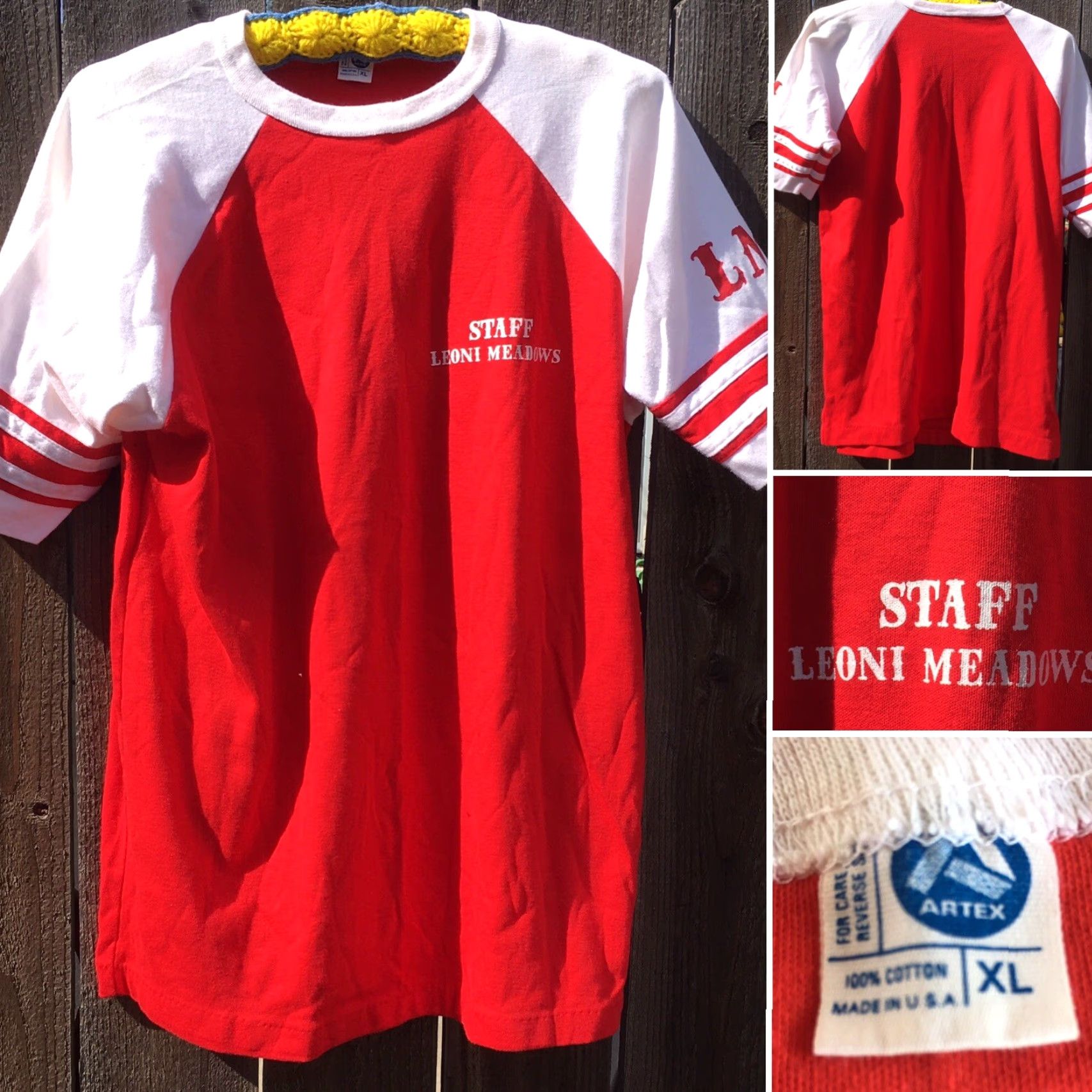 Vintage VINTAGE STAFF LEONI MEADOWS LM T-Shirt XL USA Artex Raglan Jersey 70s 80s Mens Red Cotton Short Sleeve Graphic Tee Size US XL / EU 56 / 4 - 6 Thumbnail