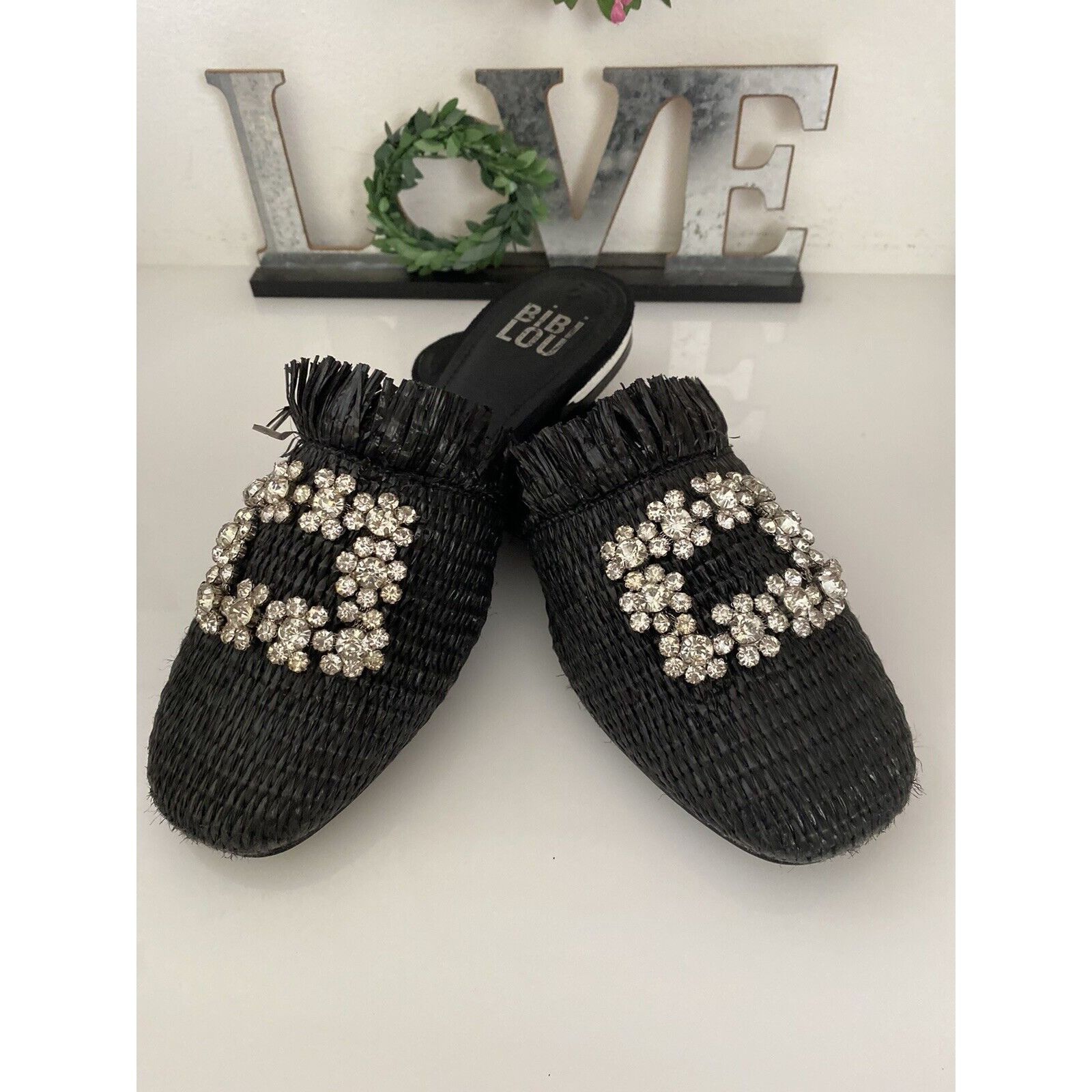Vintage Bibi Lou Raffia Gem Jeweled Mule Slide Slip On Slipper Shoes Size US 6 / IT 36 - 16 Thumbnail