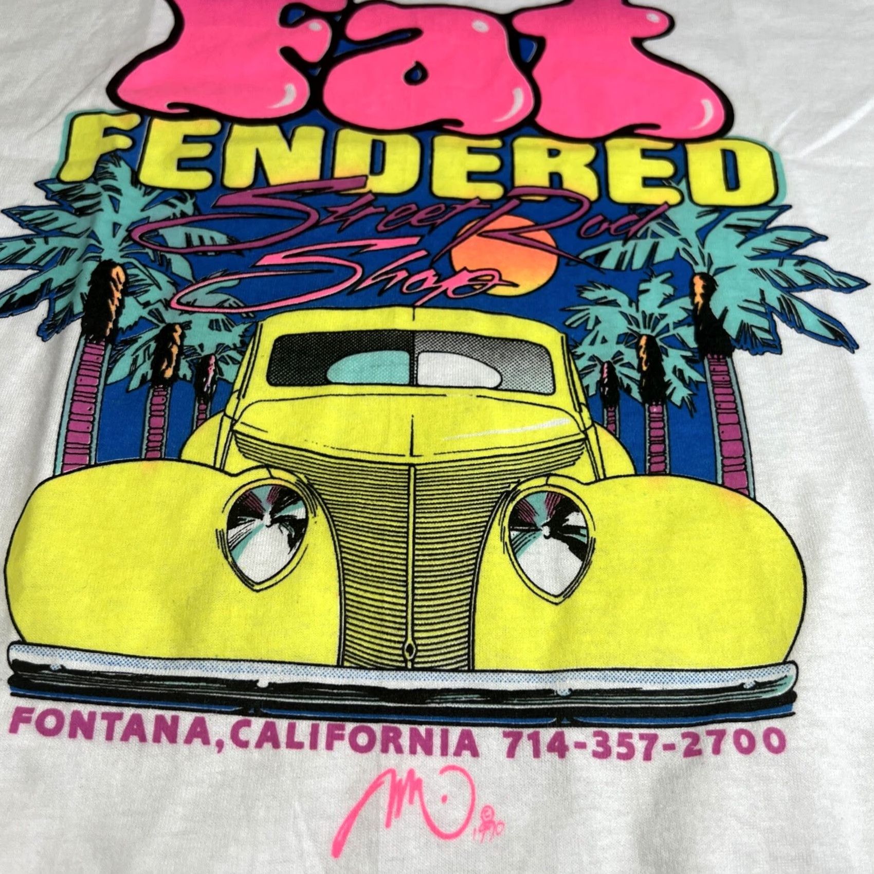 Hanes VINTAGE 1990 Fat Fendered Street Rod Shop T Shirt Small Fontana CA Single Stitch Neon Hanes Mens S White Graphic Tee Mod/GoGo Size US S / EU 44-46 / 1 - 2 Thumbnail