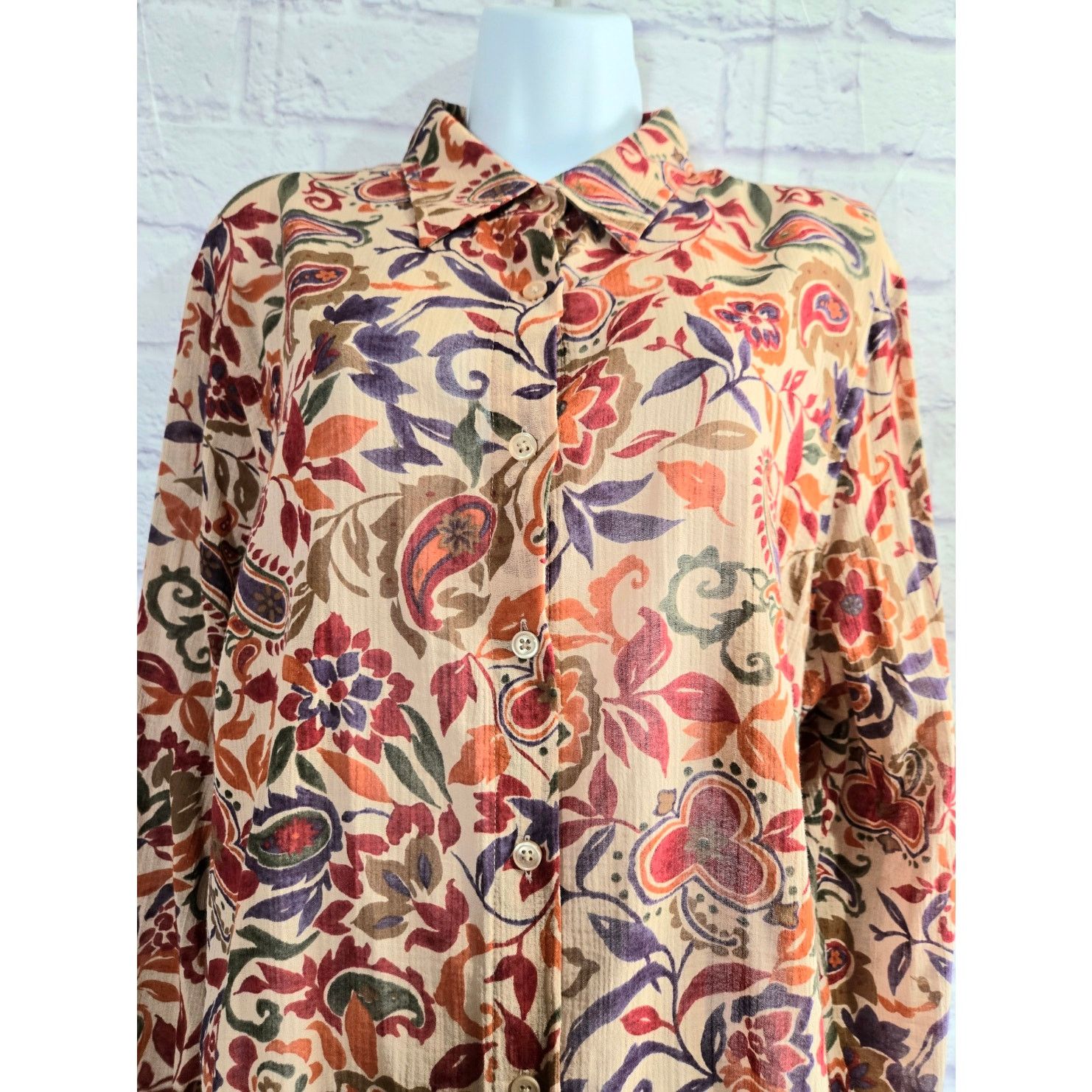 Other Lauren Ralph Lauren Tan Multicolor Floral Button Up Top 1X Size XXL / US 16-18 / IT 52-54 - 2 Thumbnail