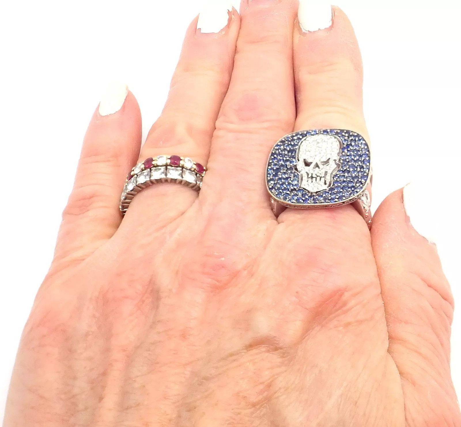 Vintage Loree Rodkin 18k White Gold Diamond Sapphire Skull Ring Size ONE SIZE - 12 Thumbnail