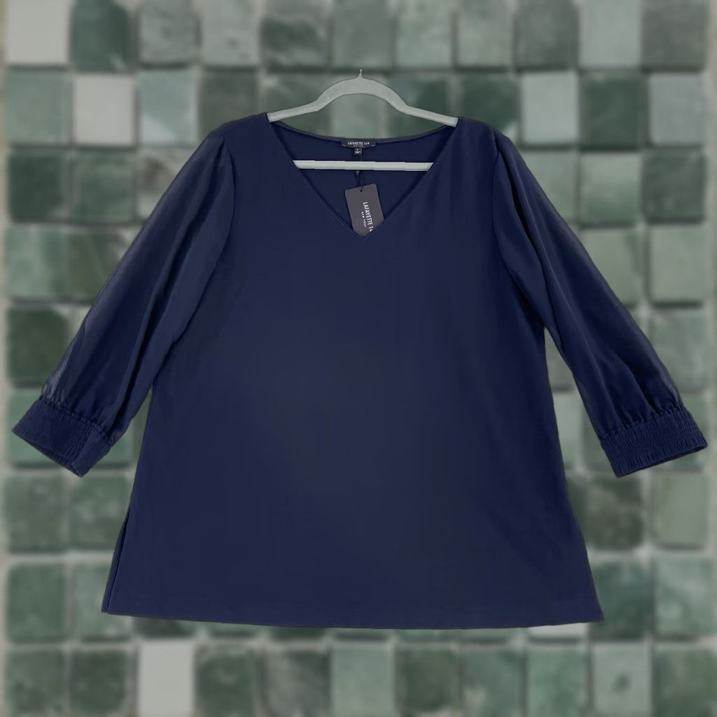 Vintage Lafayette 148 Blue V-Neck Shirt Womens Large 3/4 Sleeve Pullover Lightweight"} Size L / US 10 / IT 46 - 1 Thumbnail