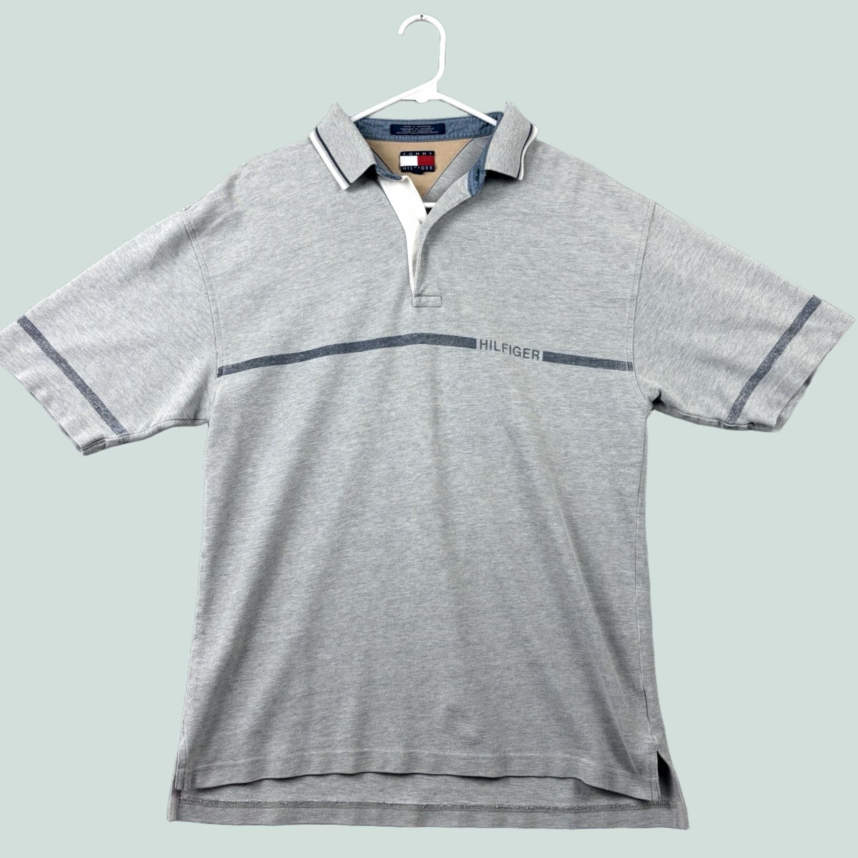 Vintage Tommy Hilfiger Polo Shirt Medium Gray Center Stripe 90s Mens, Men's