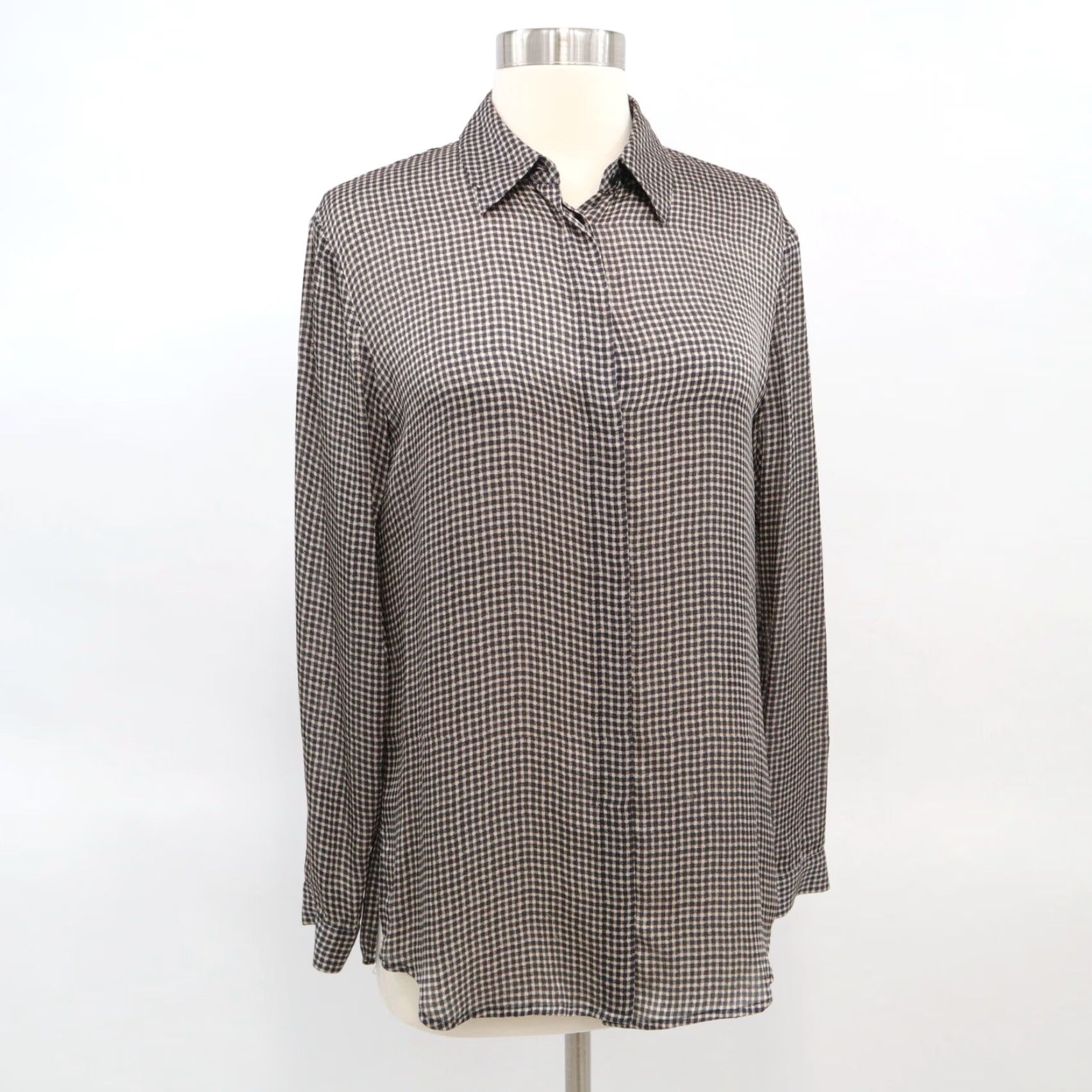 VINTAGE Club Monaco Silk Blouse Shirt Top Womens XS Gingham Black Ivory Beige Hi-Low Formal Office Retirement