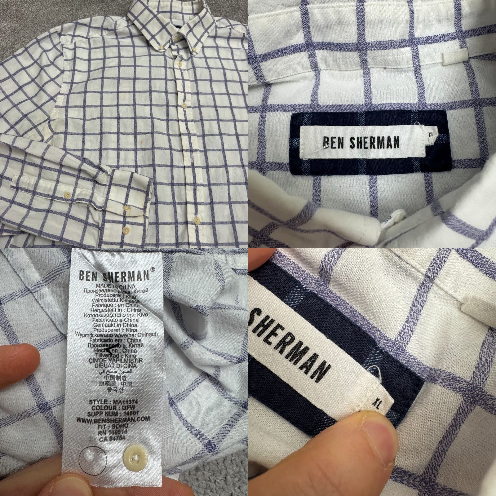 Ben Sherman Ben Sherman Slim Fit Windowpane Button Down Shirt Men XL Blue White Check Cotton Size US XL / EU 56 / 4 - 8 Thumbnail