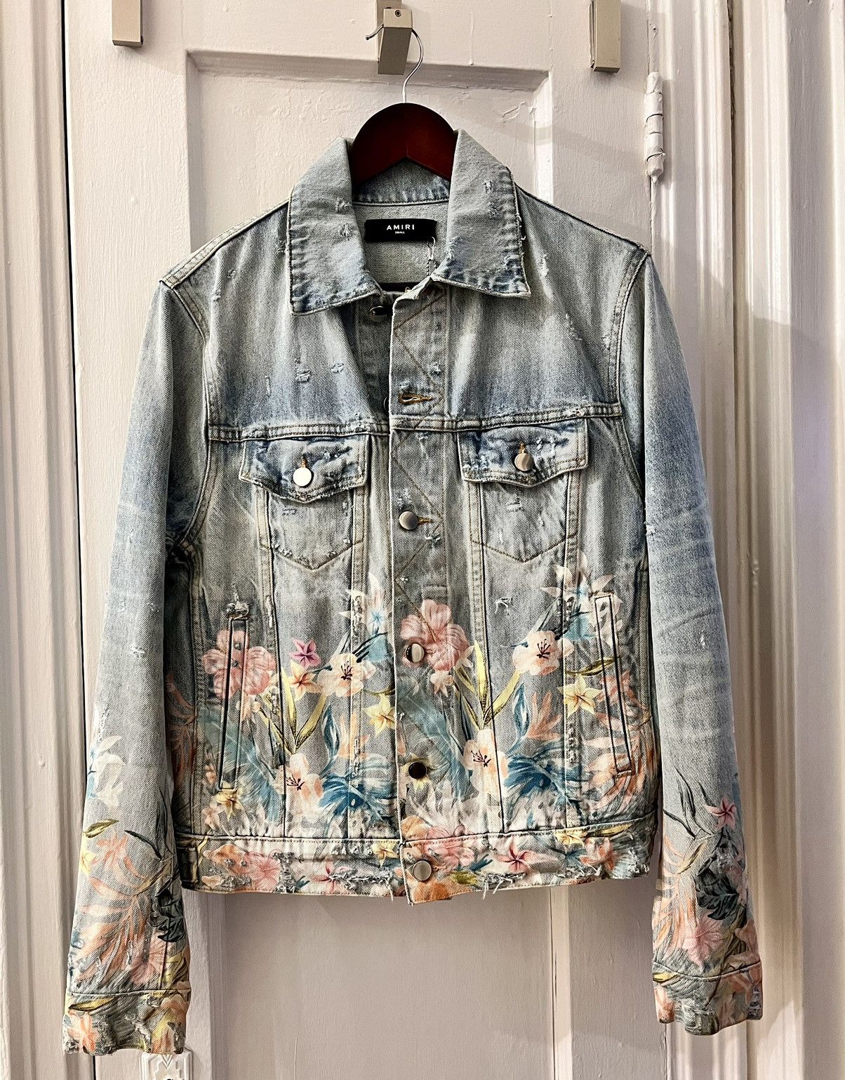 image of Amiri Floral-Detail Distressed Denim Jacket in Blue, Men's (Size Small)