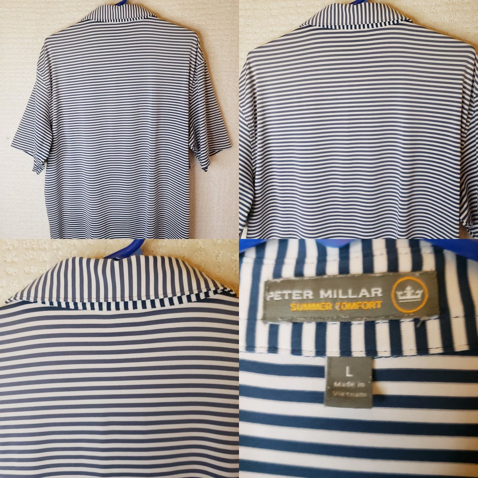 Peter Millar Peter Millar Summer Comfort Polo Shirt Navy Blue White Striped Golf L Crown Shirt Mens L Blue White Striped Polo Size US L / EU 52-54 / 3 - 8 Thumbnail
