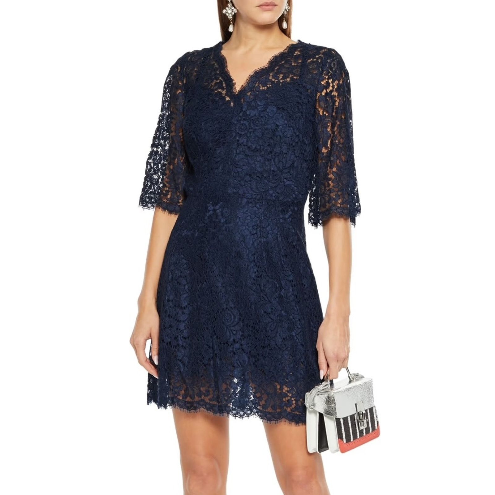 Dolce & Gabbana Dolce & Gabbana Navy Corded Lace Short Sleeve Mini Dress 46 Size L / US 10 / IT 46 - 1 Thumbnail