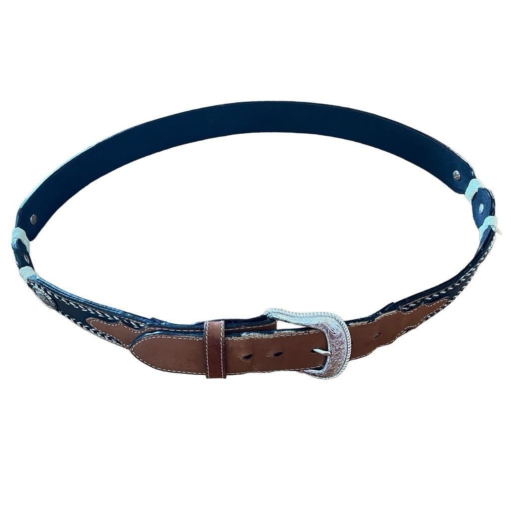 Nocona Mens Leather Belt 40 Horsehair Scalloped Western Cowboy Silver Conchos