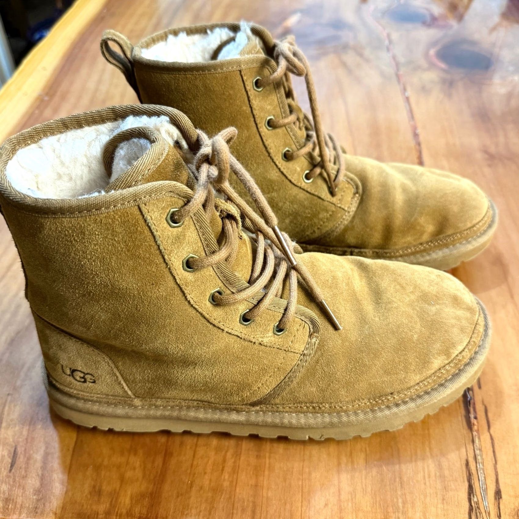 Ugg UGG Suede Ankle Boots 9 Mini Harkley 1016472 Shearling Lace Up Beige Bootie, Casual Winter Flat Heel Womens Size US 12 / IT 42 - 2 Thumbnail