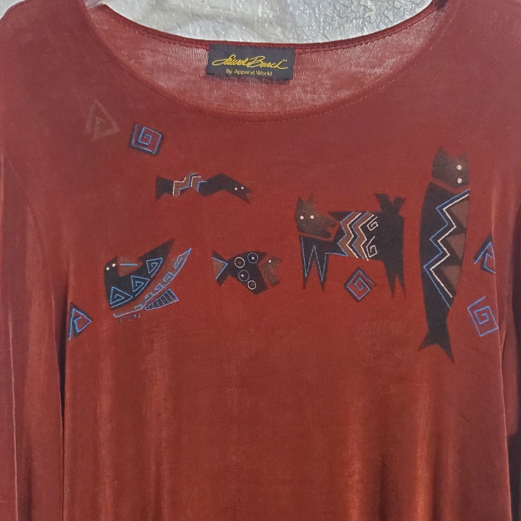 Vintage Laurel Burch Top Women M Rust Southwestern Design Long Sleeve Stretch Artsy Read Shirt Blouse Casual Fall Spring Size M / US 6-8 / IT 42-44 - 3 Thumbnail