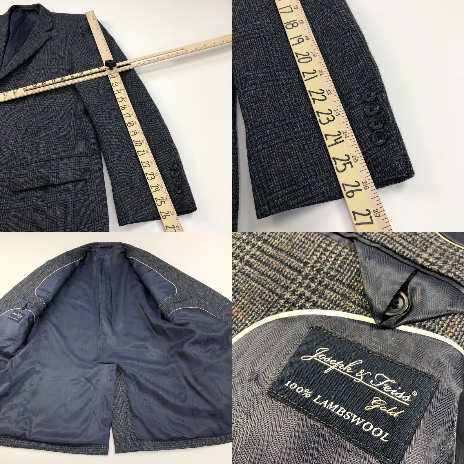 Joseph Joseph & Feiss Gold Houndstooth 42 Long 100% Lambs Wool Sport Coat Jacket Gray Size US XS / EU 42 / 0 - 8 Thumbnail