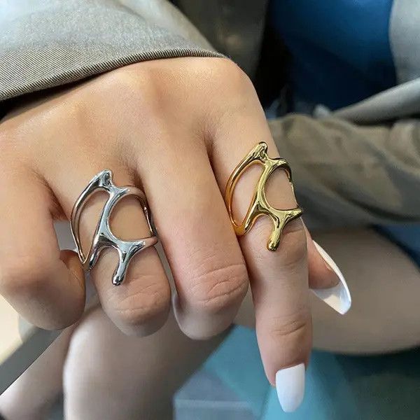 Jewelry Liquid Metal Chunky Hollow Open Adjustable Set Of Rings Size ONE SIZE - 6 Thumbnail